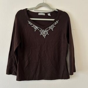 Kate Hill Vintage‎ Brown Silk Cashmere Blend Embellished V-Neck Sweater XL